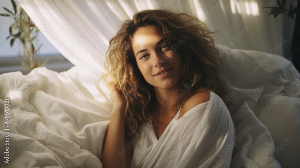 miling caucasian woman in white bed, cozy and relaxed, miling caucasian woman in white bed, cozy and relaxed,