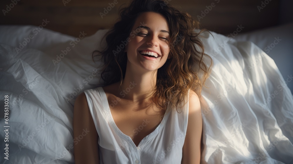 miling caucasian woman in white bed, cozy and relaxed, miling caucasian woman in white bed, cozy and relaxed,