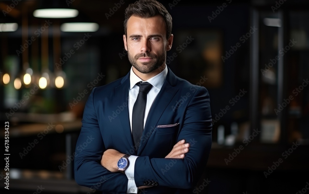 Fototapeta premium A successful businessman poses with his arms crossed and smiles at the camera