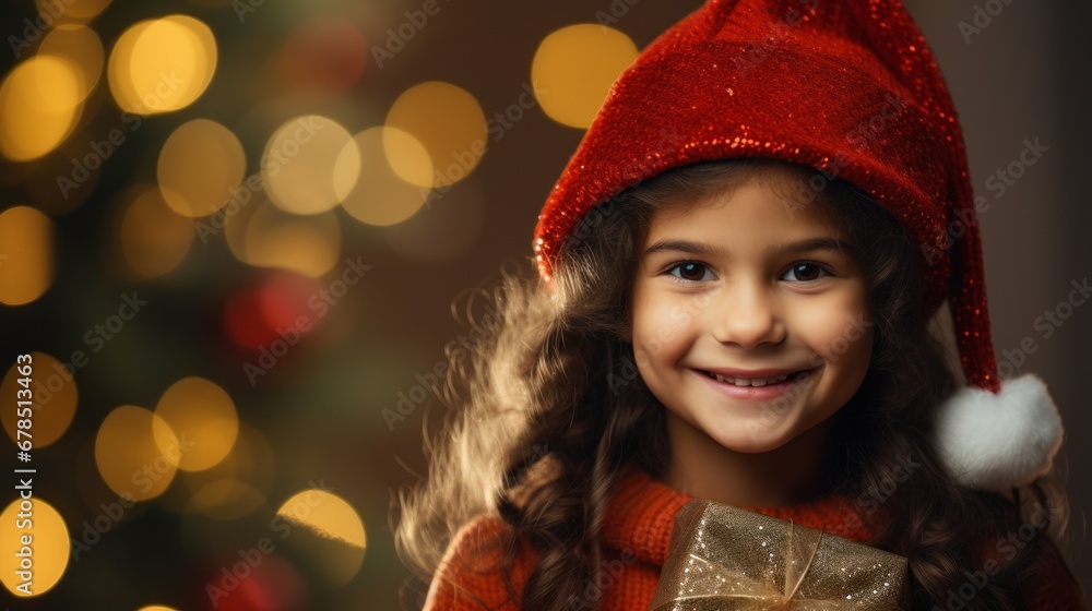 Smiling little girl in red Santa Claus hat holding a gift box near Christmas tree Smiling little girl in red Santa Claus hat holding a gift box near Christmas tree