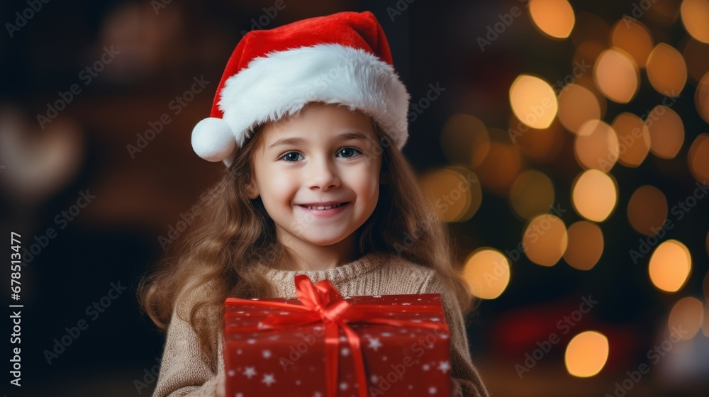 Smiling little girl in red Santa Claus hat holding a gift box near Christmas tree Smiling little girl in red Santa Claus hat holding a gift box near Christmas tree