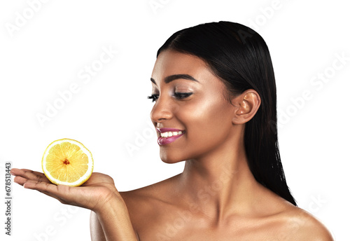 Skincare, lemon and face of Indian woman with fruit on isolated, png and transparent background. Dermatology, salon and natural person with slice for healthy cosmetics, beauty products and wellness