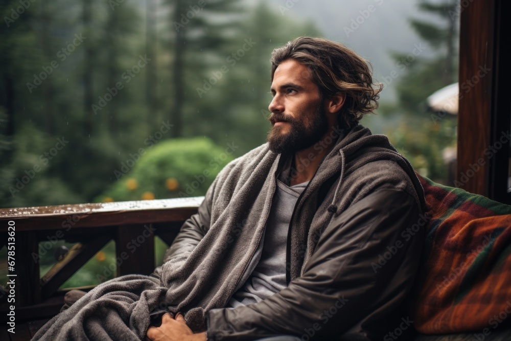 Fototapeta premium stylish man traveler in blanket relaxing on porch of wooden cabin in rainy day on background of woods