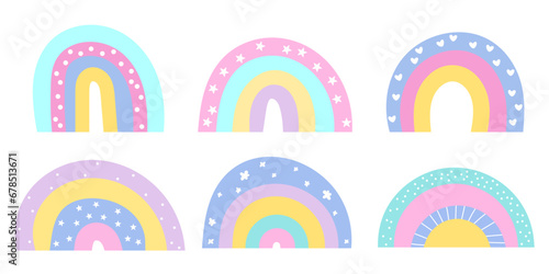 Colorful rainbows set. Hand drawn color arc vector illustration. Cartoon doodle rainbow childish style