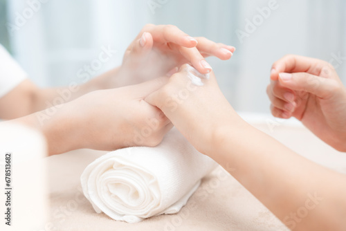 spa and treatment skin hand, Woman applying organic moisturizing hand cream, hand skin care concept, winter, female skin protection, beautiful woman skin care with hand cream, lotion on hands