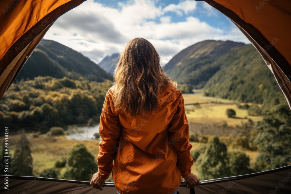 Woman looking out at nature from geo dome tents.