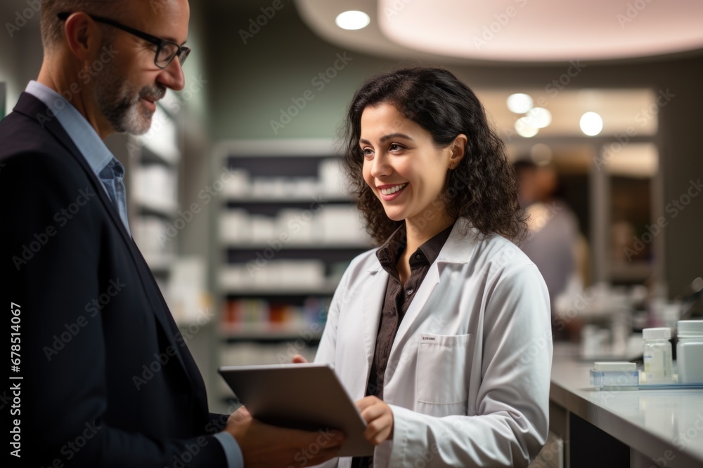 pharmacist and tablet for consulting patients, prescriptions, or healthcare advice at the pharmacy. pharmacist and tablet for consulting patients, prescriptions, or healthcare advice at the pharmacy.