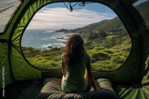 Woman looking out at nature from geo dome tents.