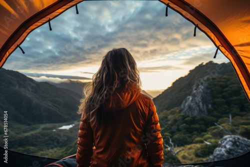 Woman looking out at nature from geo dome tents. photo