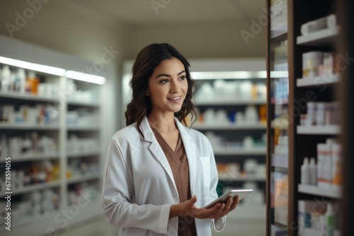 pharmacist and tablet for consulting patients, prescriptions, or healthcare advice at the pharmacy.