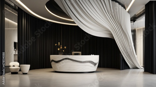 Contemporary interior area with a black marble reception desk  walls adorned with white draped curtains  an exceptional black-and-white striped ceiling pattern  and a single white door