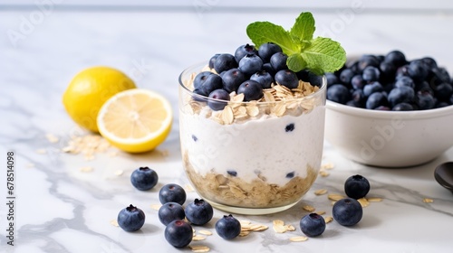 Indulge in a delightful bowl of overnight oats infused with the tangy essence of lemon and bursting with juicy blueberries, elegantly presented on a sleek white marble countertop
