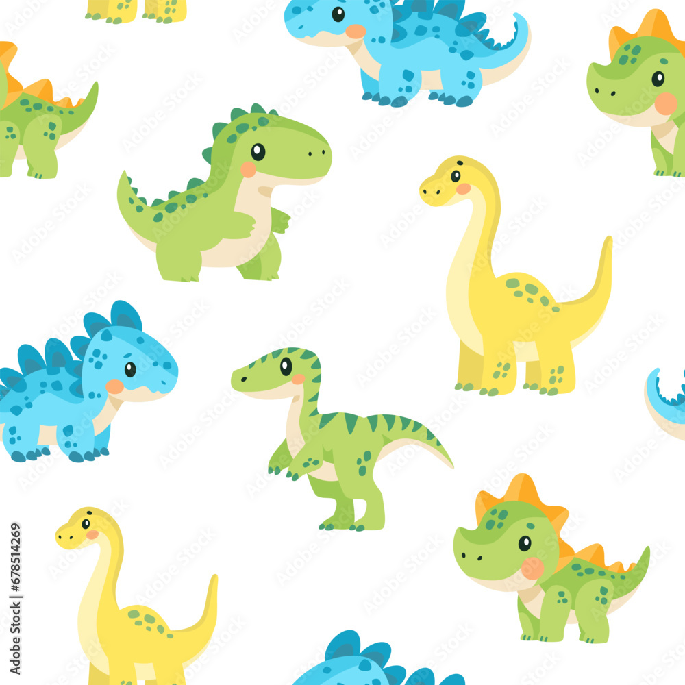 Bright vector seamless pattern. Cute dinosaurs. Pattern for baby clothes, textiles, diapers and fabrics. Vector illustration Bright vector seamless pattern. Cute dinosaurs. Pattern for baby clothes, textiles, diapers and fabrics. Vector illustration