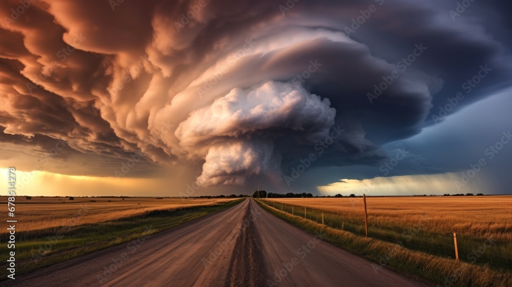 A dramatic landscape unfolds as storm clouds loom above the distant road, setting a foreboding tone against the backdrop of North Dakota's vast terrain