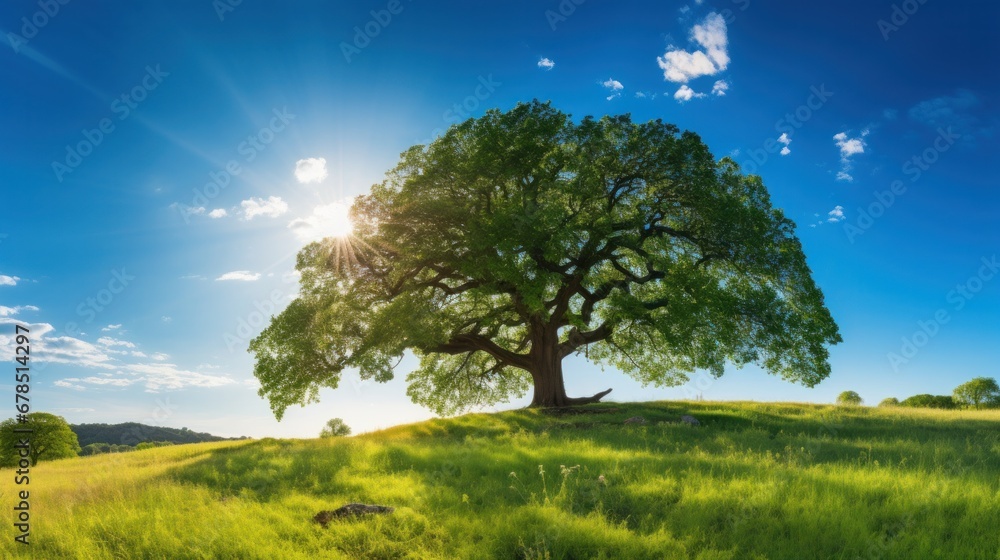 Radiant sunlight beams through a splendid green oak tree standing in a picturesque meadow, set against a backdrop of a cloudless, vibrant blue sky