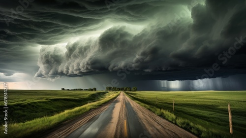 A dramatic landscape unfolds as storm clouds loom above the distant road, setting a foreboding tone against the backdrop of North Dakota's vast terrain