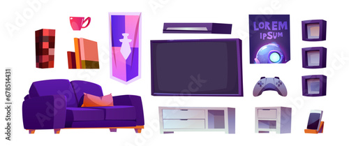 Room interior furniture and equipment for game and stream. Cartoon vector illustration set of elements for esport player setup - tv with console and joystick, sofa and cabinet, wall posters.