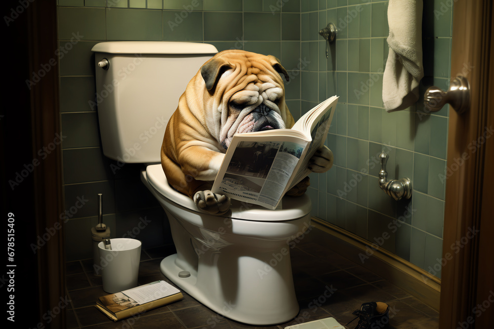 Bulldog reading newspaper on toilets, AI generated - obrazy, fototapety, plakaty 