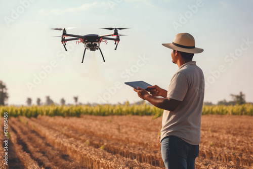 farmer in a field flying an agricultural drone spraying