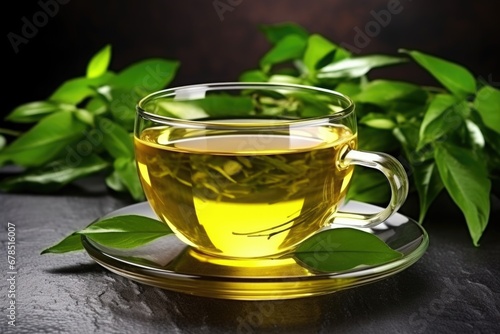 Fresh green tea with tea leaves in the water. AI Generated