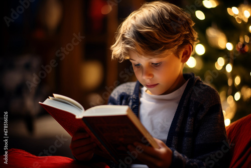 Boy and Gilrl reading in Christmas, boy and gilrl in Christmas, Peachful Christmas, boy and gilrl in open a present on Christmas, Family in Christmas,