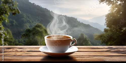 A cup of coffee on a balcony with a mountain view in the background Mountain Retreat Coffee Break