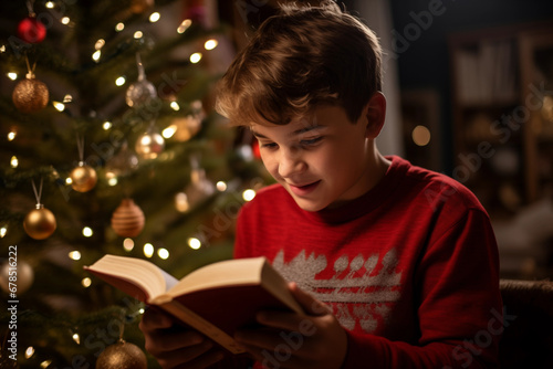 Boy and Gilrl reading in Christmas, boy and gilrl in Christmas, Peachful Christmas, boy and gilrl in open a present on Christmas, Family in Christmas,