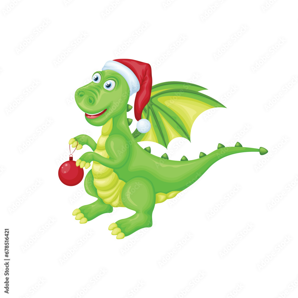 Fototapeta premium Dragon. Cute children s Christmas illustration with the image of a dragon in a Santa Claus hat with a Christmas tree toy in his hands. Cute Christmas dragon in cartoon style. A symbol of the new year