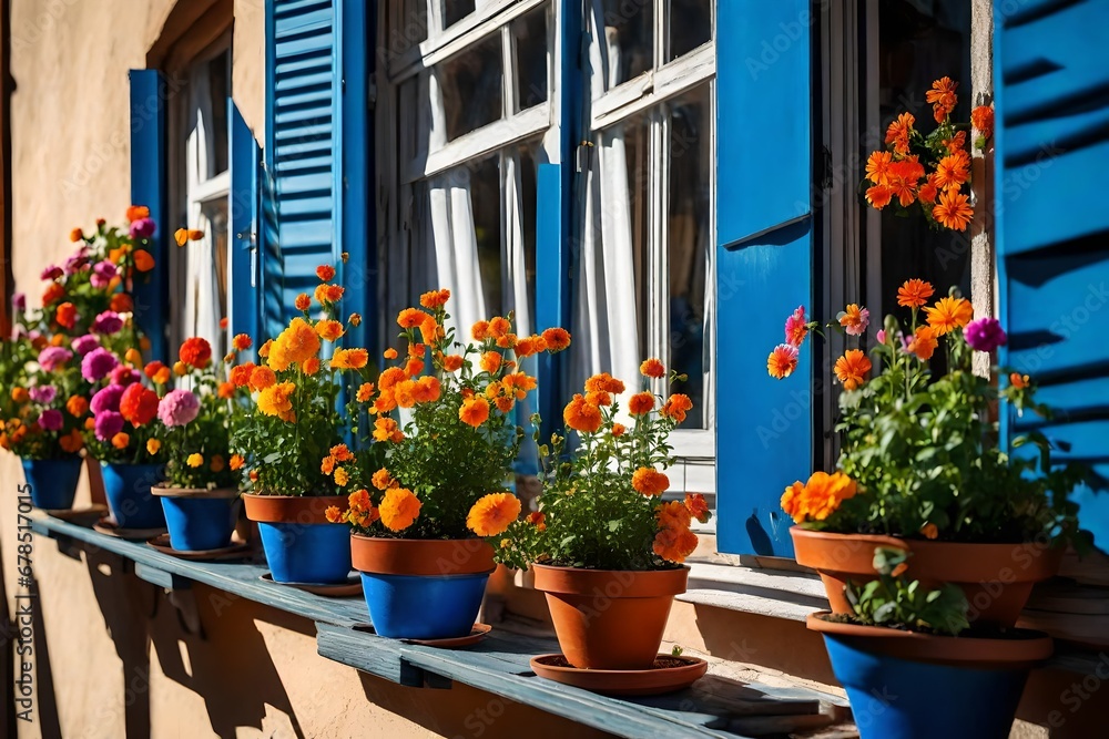 Blue painted façade of the house and window with flowers. Colorful architecture in Burano island, Venice, Italy
