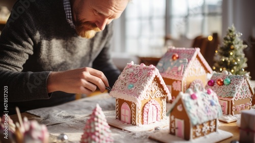 Man makes a cake in the shape of a house for New Year and Christmas. Family preparation holiday food.
