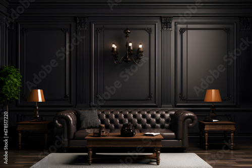 Interior of a luxury home black living room with table, leather couch and dark wall, in the style of elegantly formal minimalist background