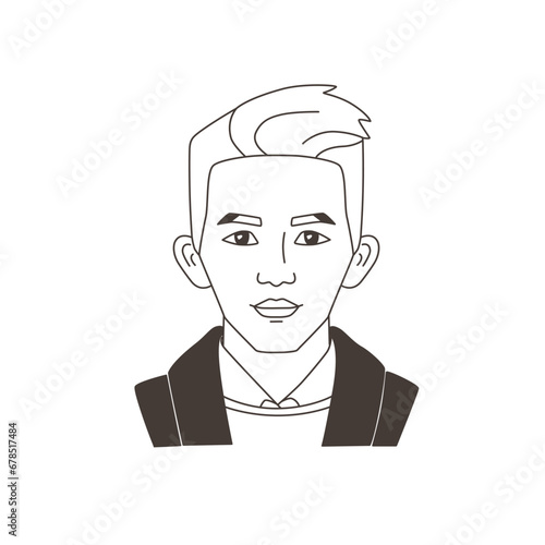 Portrait of Asian man in doodle hand drawn style. Guys avatar, face, head, sketch, lines, outline for design. Simple vector illustration.