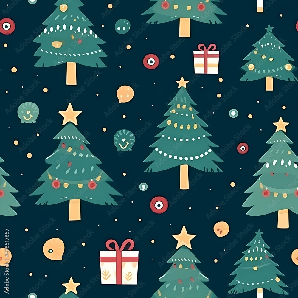 Christmas pattern with Christmas tree gifts. The concept of Christmas and New Year. Seamless patterm, ai generated