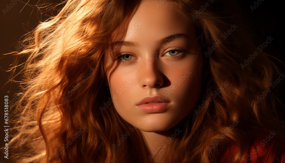 Beautiful woman with long, curly hair looking confidently at camera generated by AI Beautiful woman with long, curly hair looking confidently at camera generated by AI