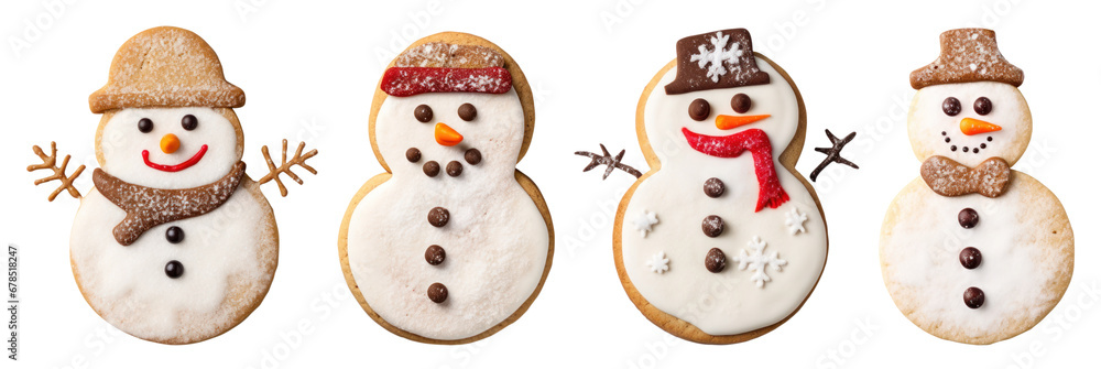 Set of Gingerbread snowman christmas cookie xmas on transparent background. cutout, PNG file. Mock up for product presentation. banner, poster, card, t shirt, sticker.