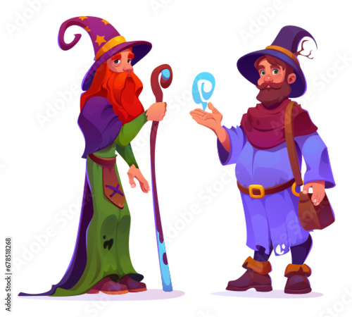Male wizard characters set isolated on white background. Vector cartoon illustration of old bearded men wearing vintage hats and costumes, wooden staff and spell effect in hands, merlin and sorcerer