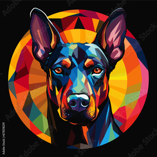 Vector Art Illustration of a Doberman Pinscher Dog Cubist Style Inside a Circular Frame on a Black Background