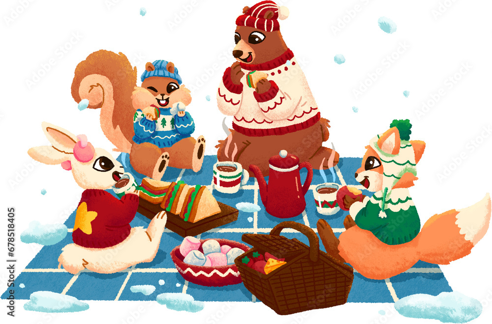 Naklejka premium Animals Having Christmas Dinner Illustration