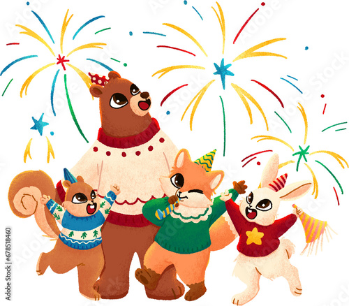 Fototapeta Naklejka Na Ścianę i Meble -  Animals Celebrating the New Year Illustration