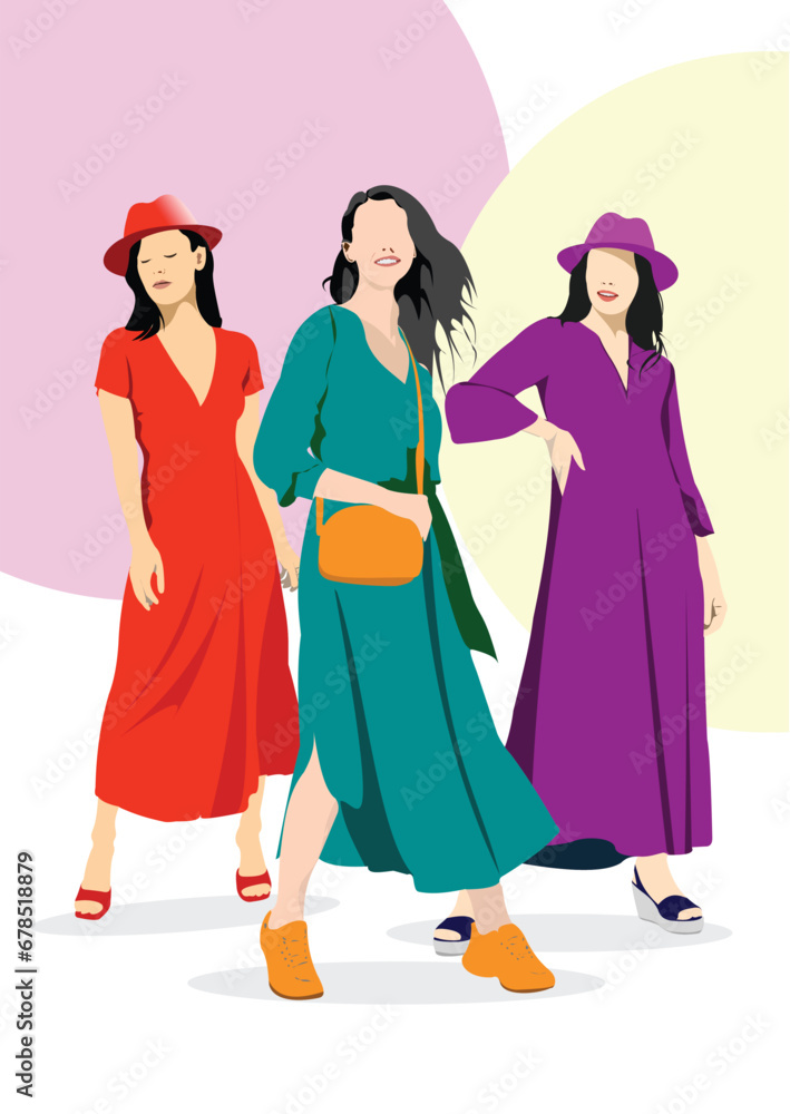 Three Silhouettes of fashion woman. Vector 3d illustration