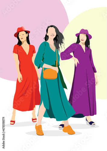 Three Silhouettes of fashion woman. Vector 3d illustration