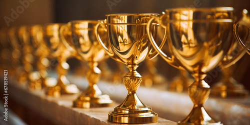 Closeup View of a Row of Golden Award Trophy Cups