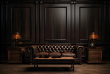Luxury living room with leather sofa and black furniture in a dark room, Interior in the style of retro classic