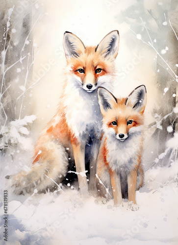 Foxes. Watercolour winter planner pages A4 size, digital papers, winter designs.
