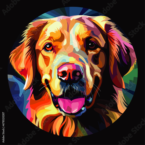 Vector Art Illustration of a Golden Retriever Dog Cubist Style Inside a Circular Frame on a Black Background