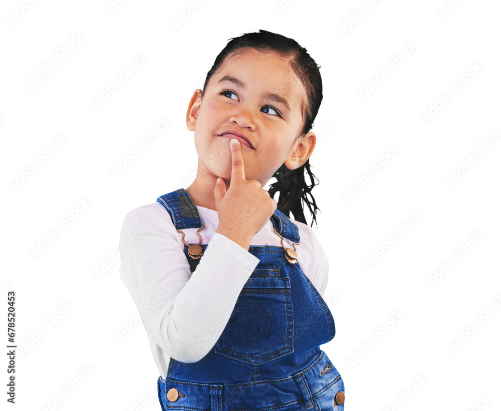 Thinking, kid and girl with idea, decision and problem solving isolated on png transparent background. Happy, child or model with doubt, planning or inspiration and questions, remember or opportunity Thinking, kid and girl with idea, decision and problem solving isolated on png transparent background. Happy, child or model with doubt, planning or inspiration and questions, remember or opportunity