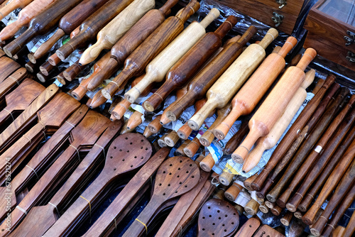Wooden kitchenware and decorations sold in traditional crafts fair in Pune, India.