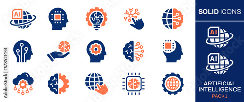 Artificial intelligence icon set. Collection of machine learning, innovate, connect, network and more. Vector illustration. Easily changes to any color.