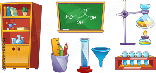 Chemistry classroom elements set isolated on white background. Vector cartoon illustration of school lab glass flasks, test tubes, funnel and burner, formula on blackboard, books on shelf, education