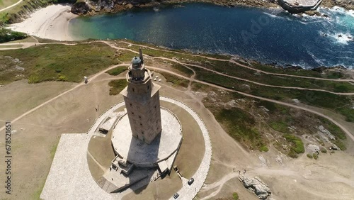 Aerial View Shot of Tower of Hercules (Torre de Hercules) lighthouse located in the city of La Coruna. Galicia, Spain